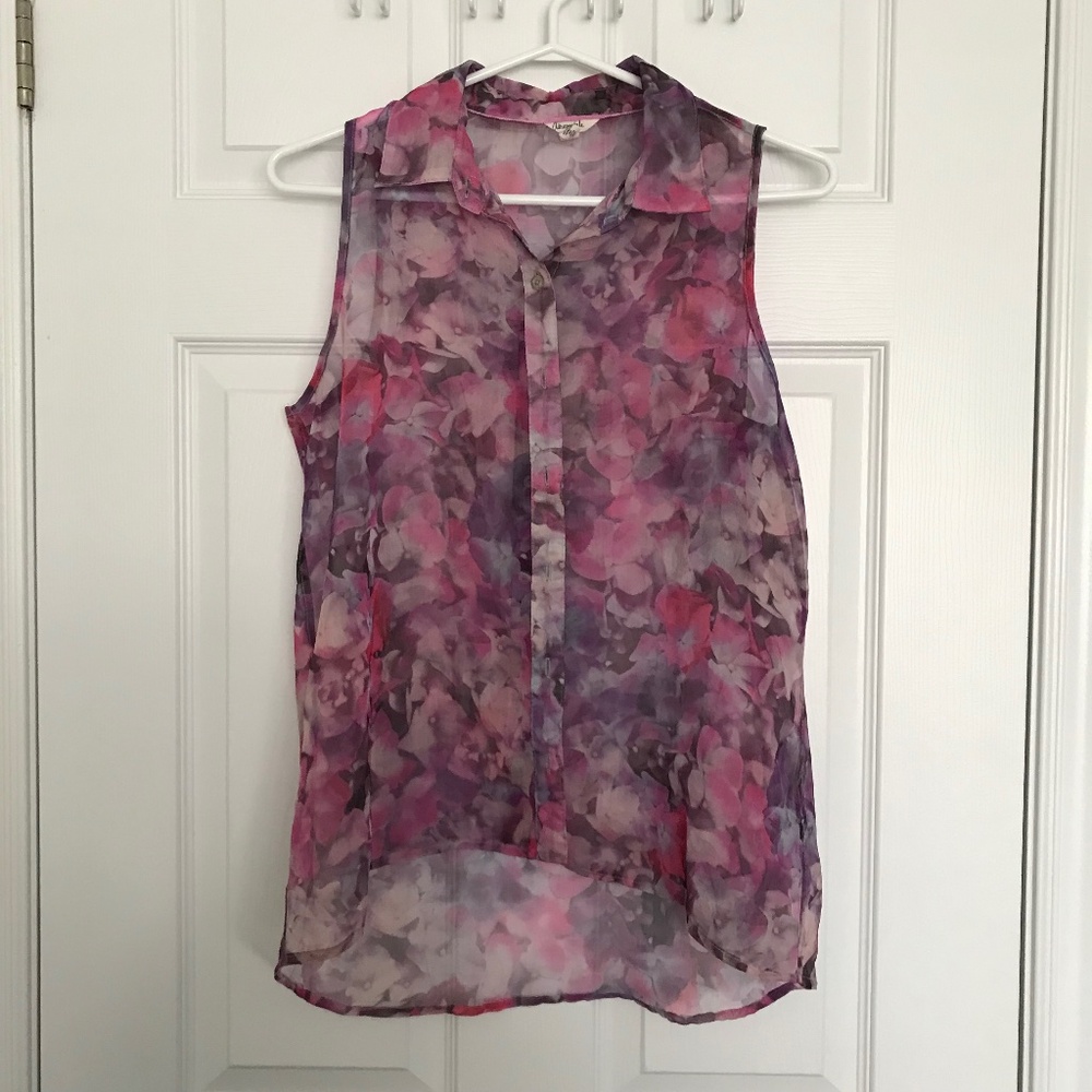 Y2K Aeropostale Floral High Low Button Up Tank Top Blouse M Sheer Sleeveless